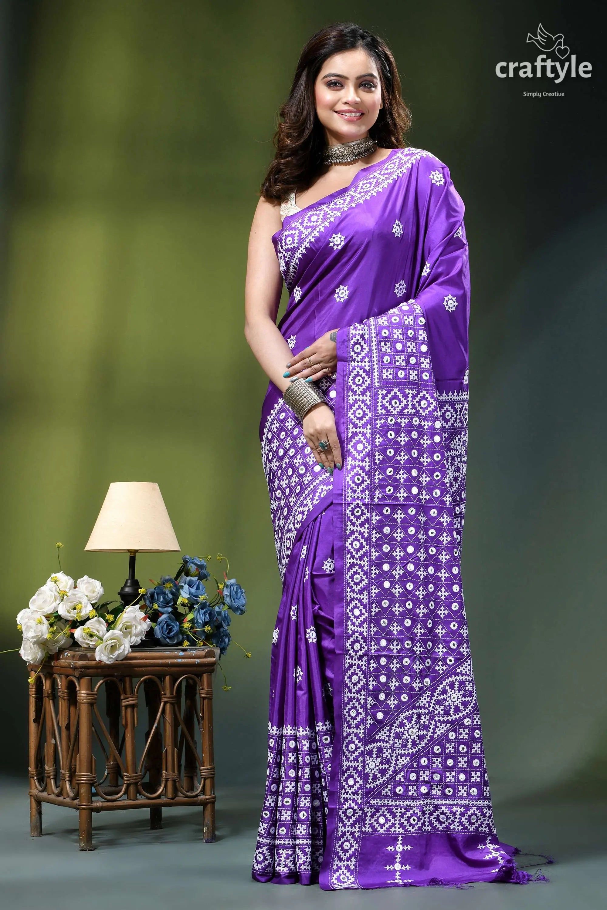 French violet hand kutch embroidered silk saree - mirror work vibrant purple saree intricate white 1