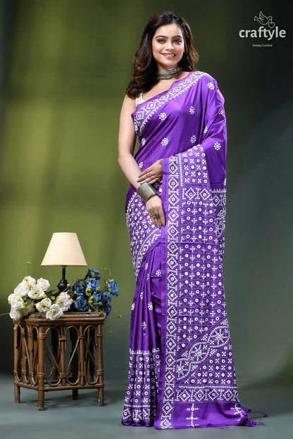 French violet hand kutch embroidered silk saree - mirror work vibrant purple saree intricate white 1