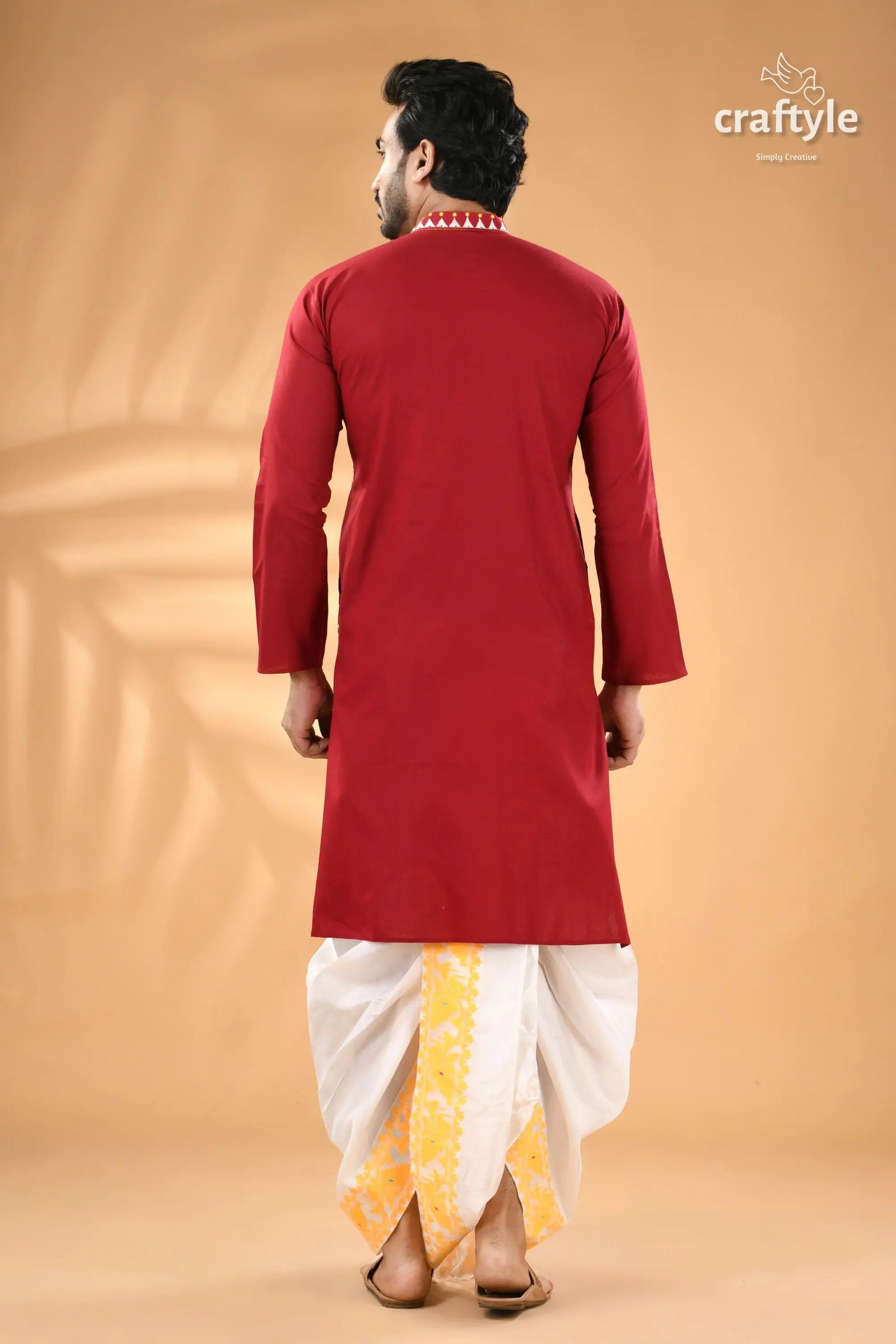 French wine kantha embroidered cotton mens kurta men’s traditional indian attire red 6