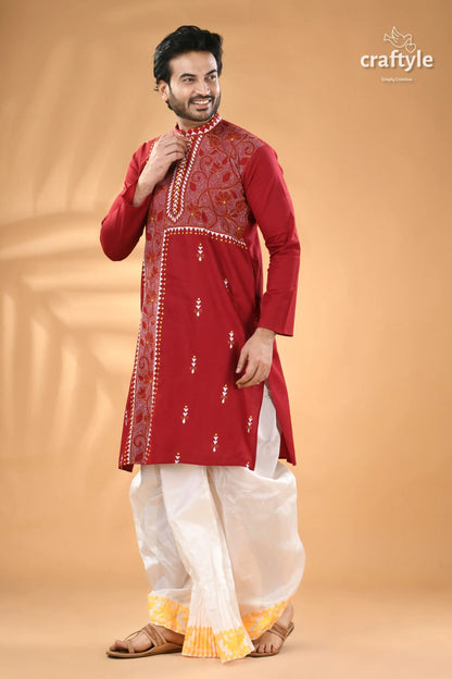 French wine kantha embroidered cotton mens kurta men’s red embroidered kurta white 4