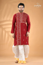French wine kantha embroidered cotton mens kurta man’s red embroidered kurta white 5