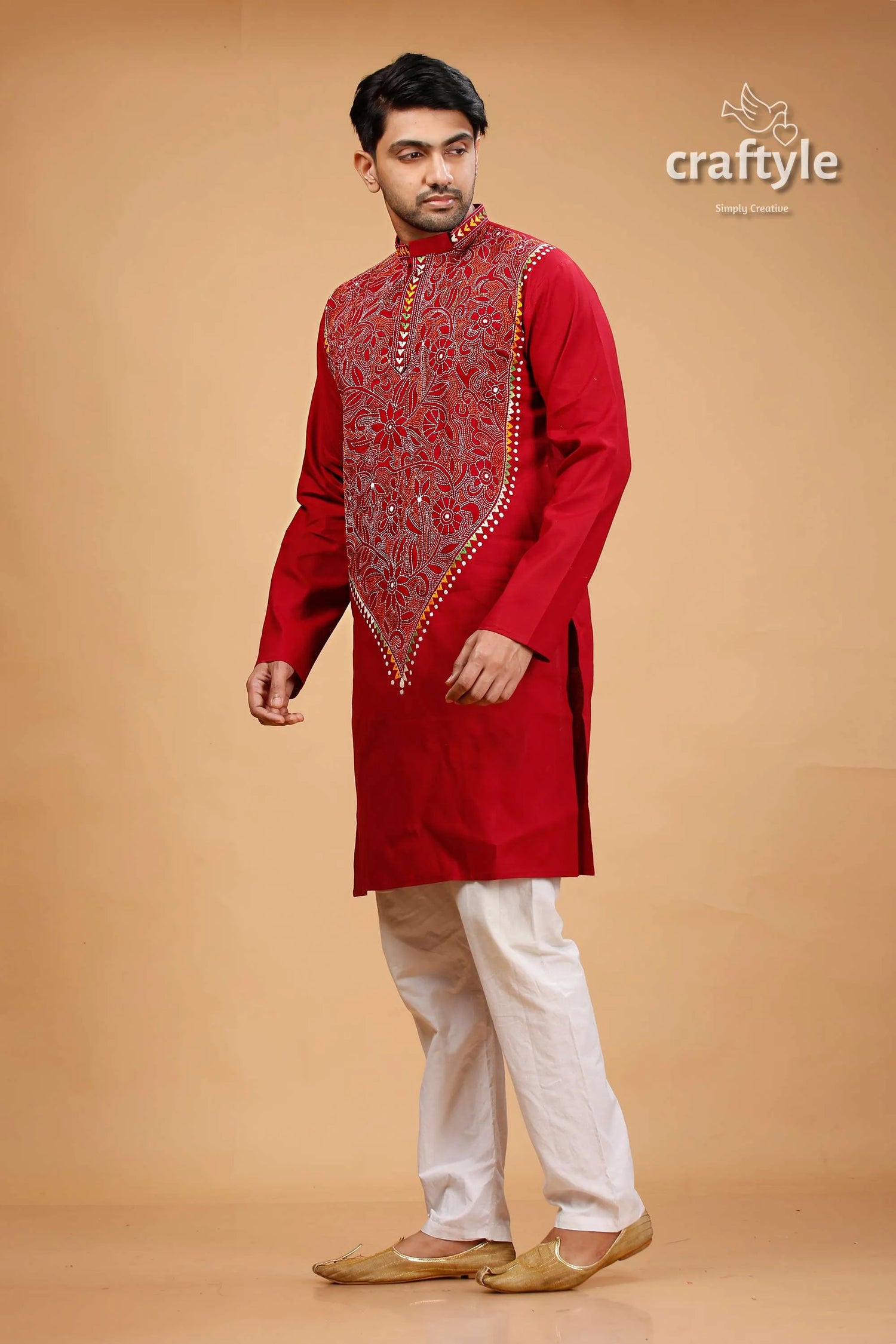 French wine maroon kantha stitch cotton panjabi for men red embroidered kurta intricate gold 3