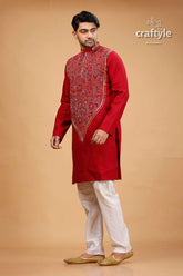 French wine maroon kantha stitch cotton panjabi for men red embroidered kurta intricate gold 3