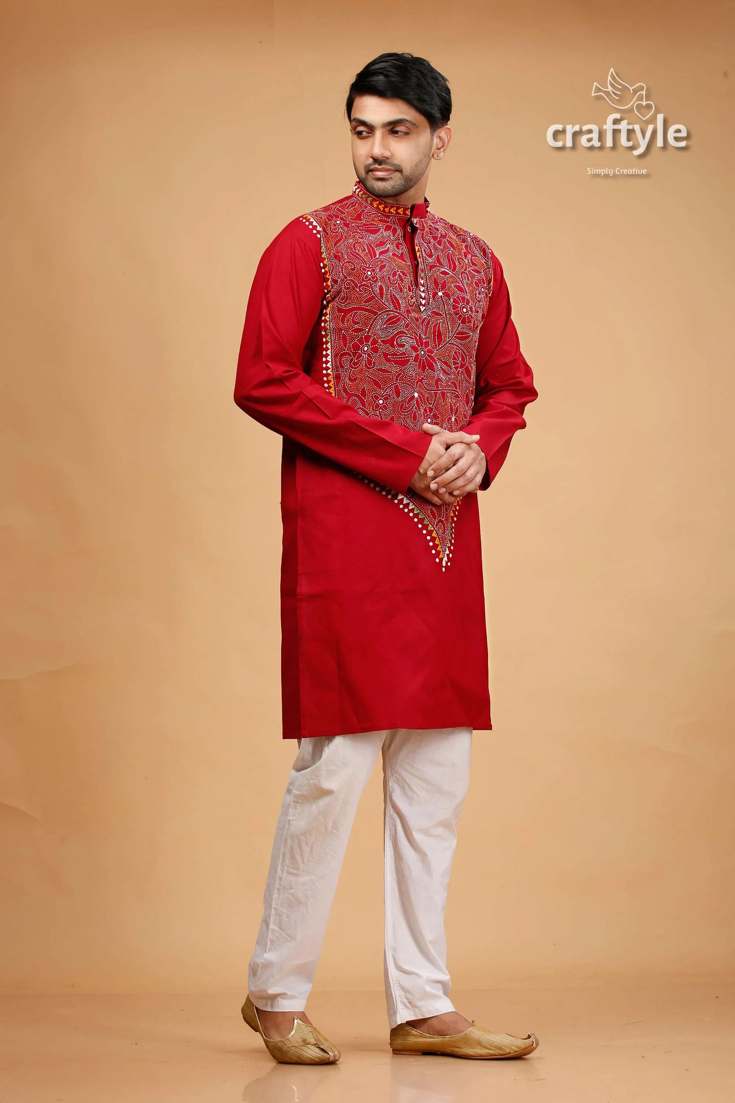 French wine maroon kantha stitch cotton panjabi for men red embroidered kurta intricate gold 4