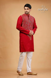 French wine maroon kantha stitch cotton panjabi for men red embroidered kurta intricate gold 4