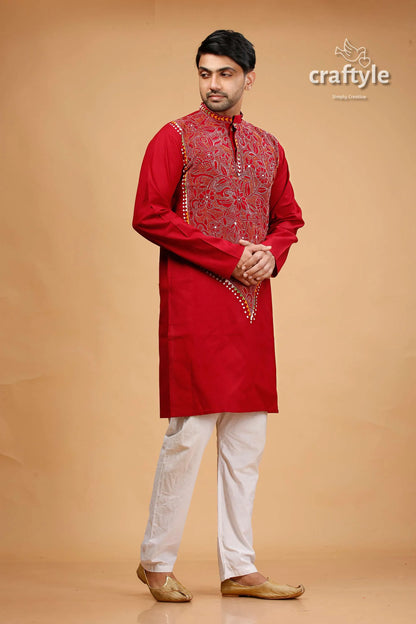 French wine maroon kantha stitch cotton panjabi for men red embroidered kurta intricate gold 4