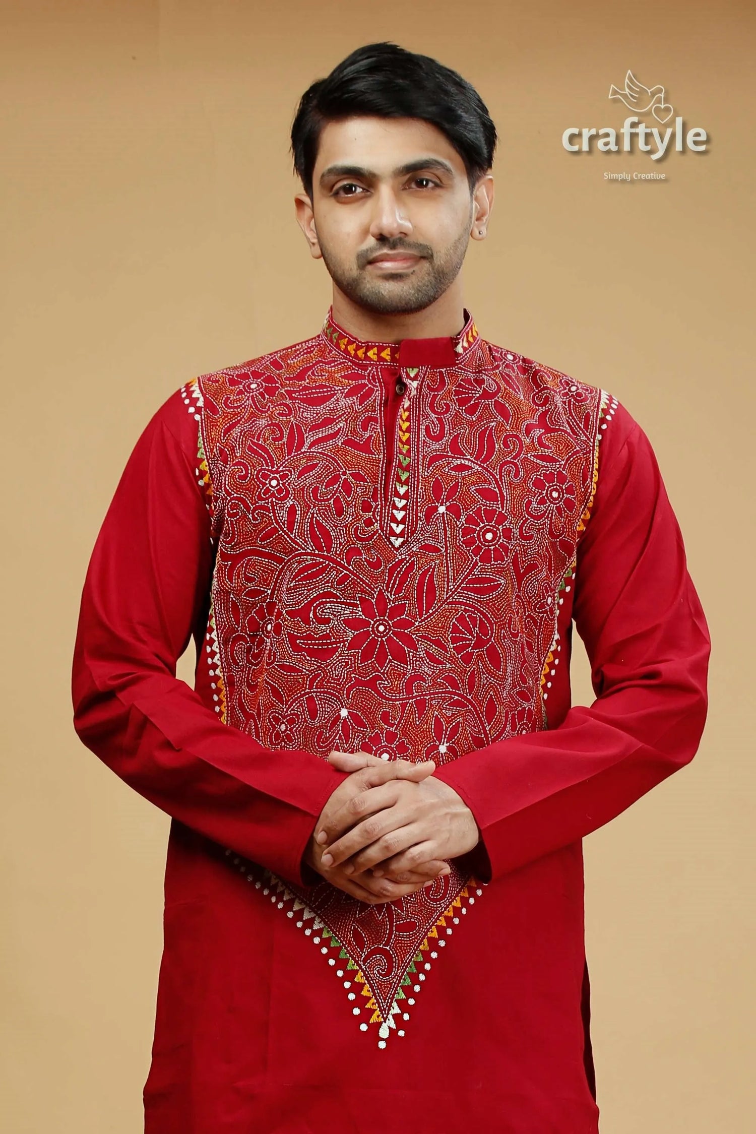 French wine maroon kantha stitch cotton panjabi for men red embroidered kurta intricate floral 2