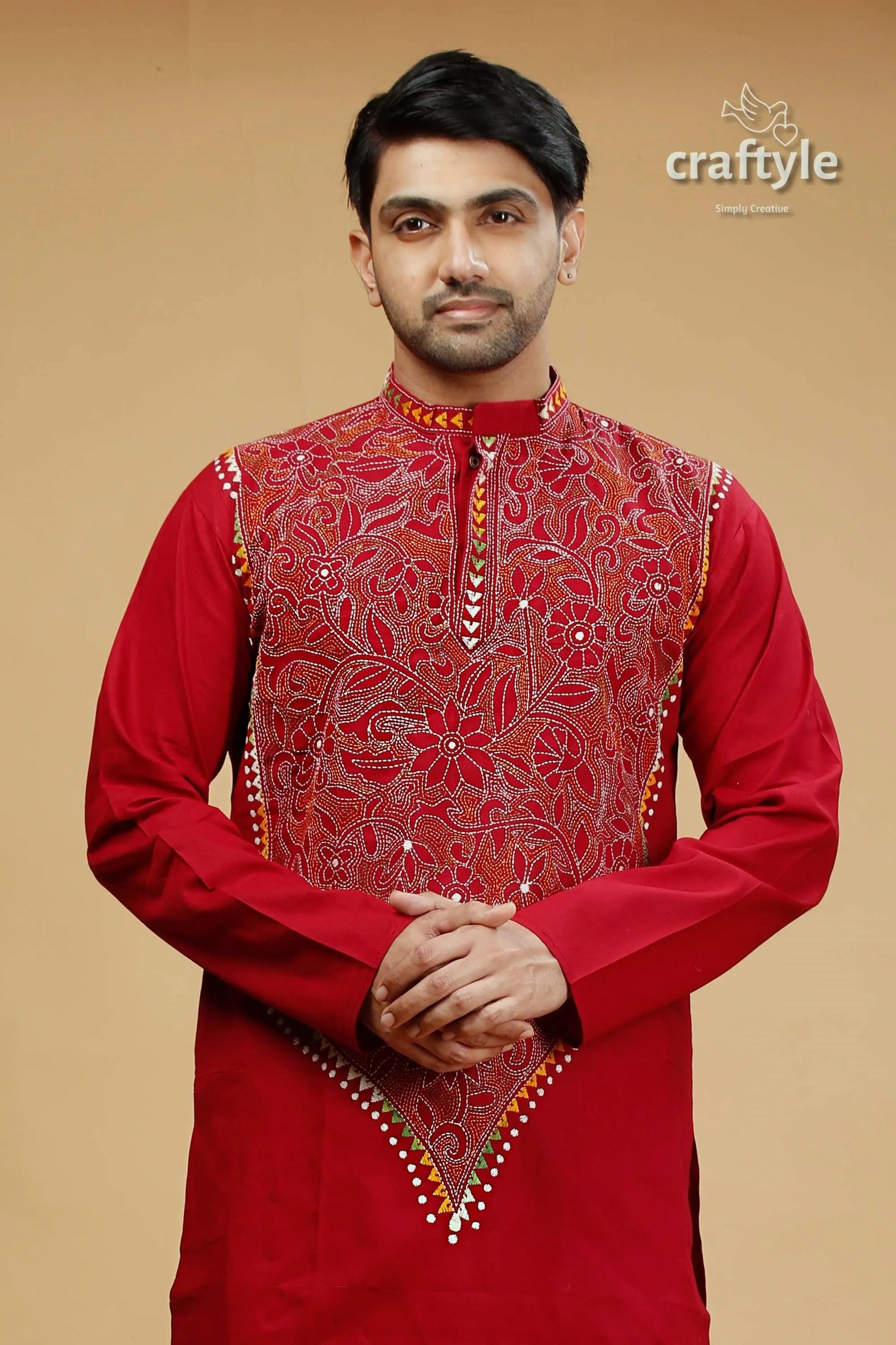 French wine maroon kantha stitch cotton panjabi for men red embroidered kurta intricate floral 2