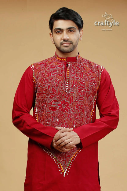 French wine maroon kantha stitch cotton panjabi for men red embroidered kurta intricate floral 2
