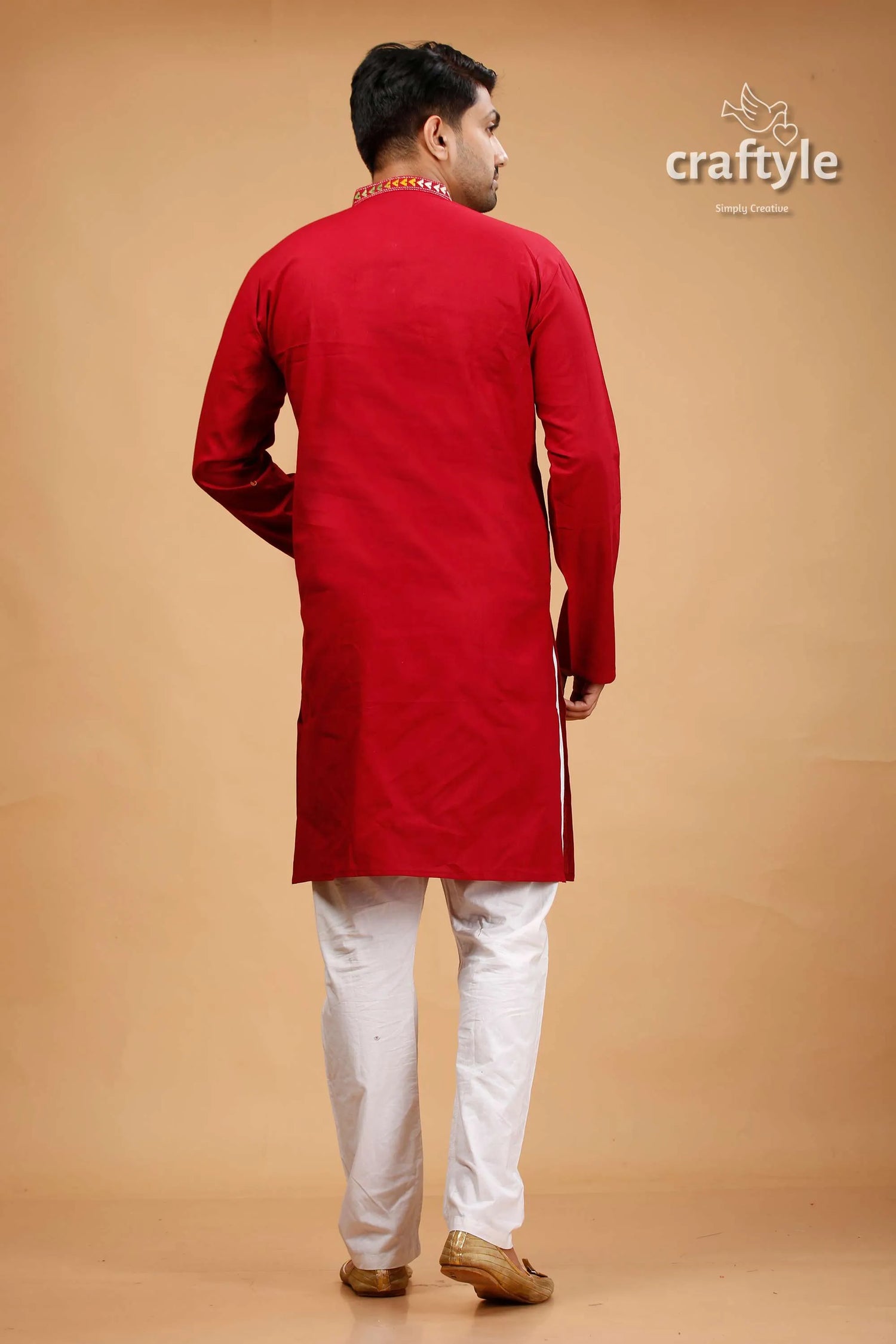 French wine maroon kantha stitch cotton panjabi for men vibrant red long-sleeved traditional kurta 5
