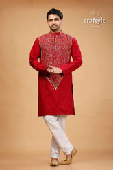 French wine maroon kantha stitch cotton panjabi for men red embroidered kurta intricate gold 1