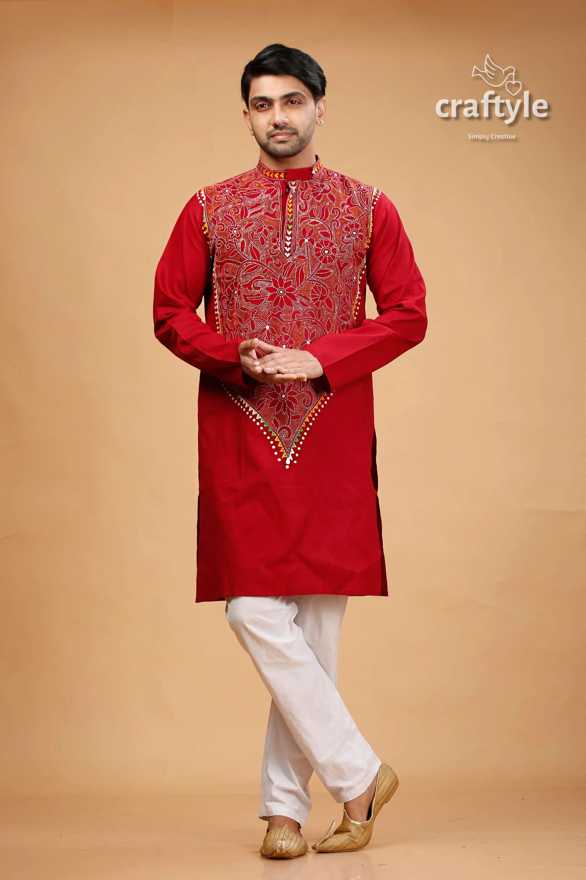 French wine maroon kantha stitch cotton panjabi for men red embroidered kurta intricate gold 1