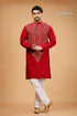 French wine maroon kantha stitch cotton panjabi for men red embroidered kurta intricate gold 1
