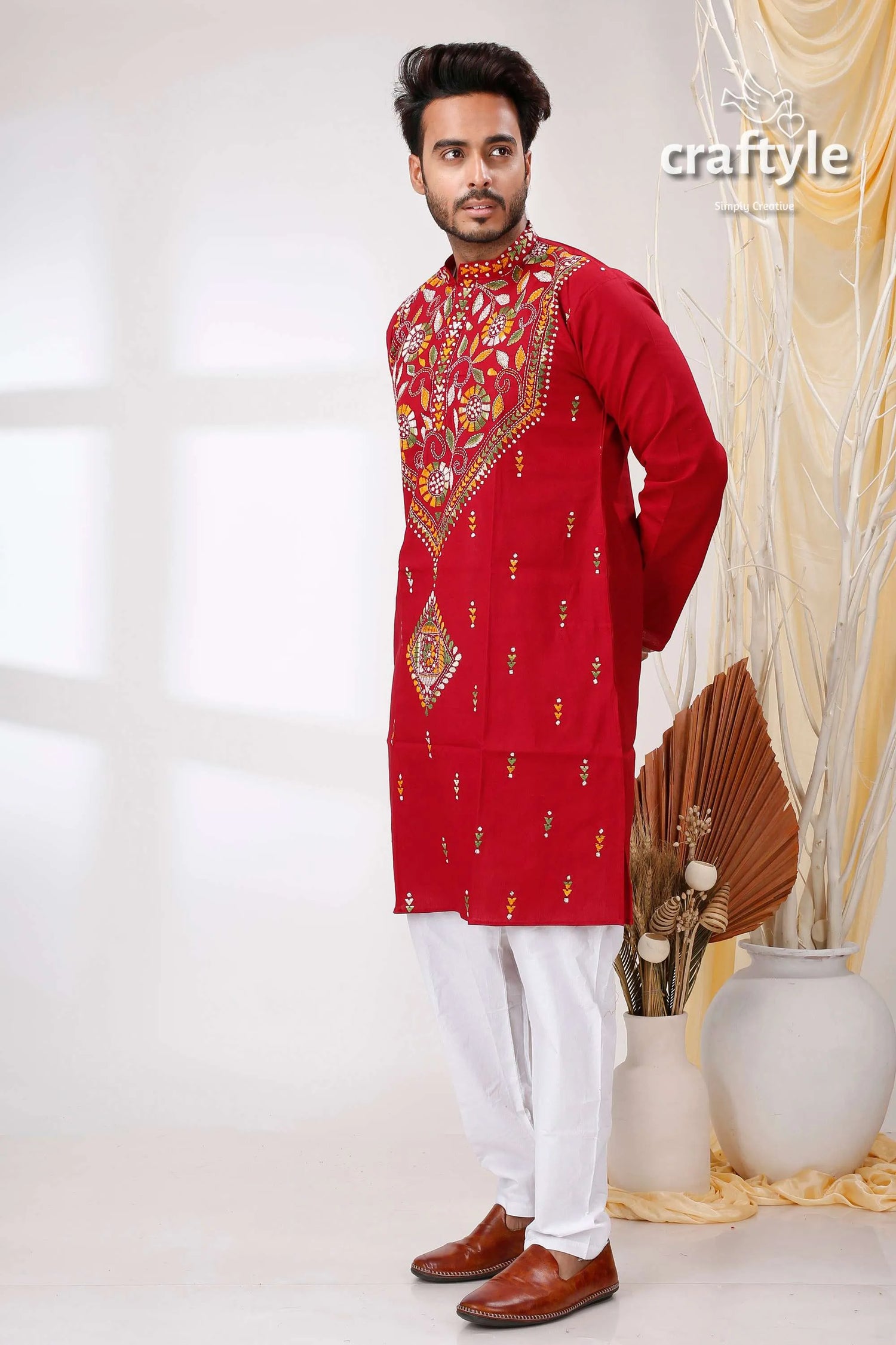 French wine maroon kantha work ethnic cotton kurta for men red embroidered intricate gold 4