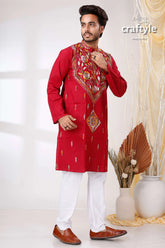French wine maroon kantha work ethnic cotton kurta for men red embroidered intricate gold 1