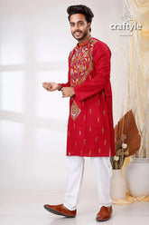 French wine maroon kantha work ethnic cotton kurta for men red embroidered intricate gold 3