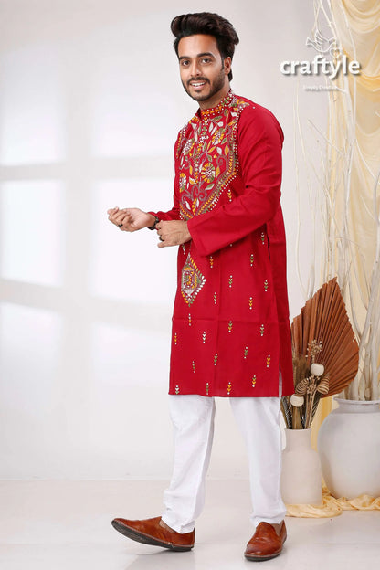 French wine maroon kantha work ethnic cotton kurta for men red embroidered intricate gold 3