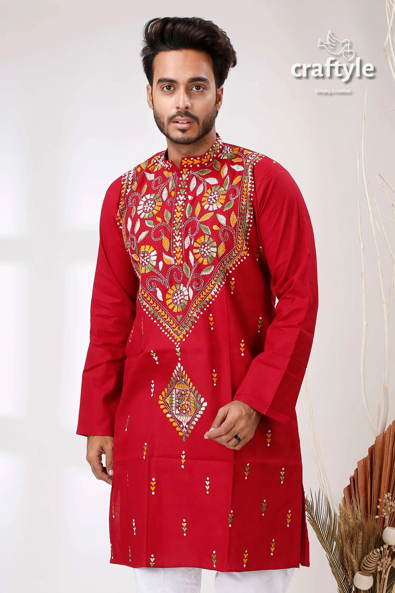 French wine maroon kantha work ethnic cotton kurta for men red embroidered intricate floral 2