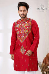 French wine maroon kantha work ethnic cotton kurta for men red embroidered intricate floral 2