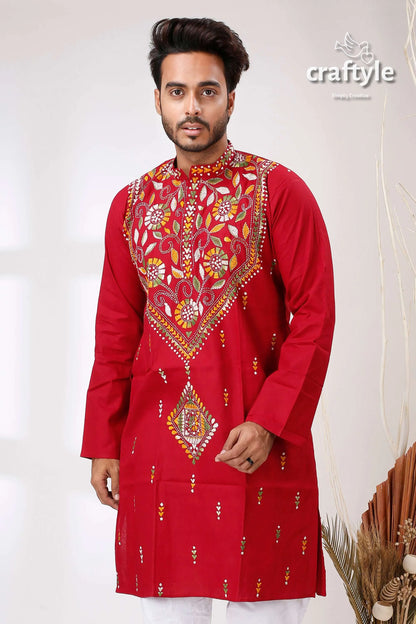 French wine maroon kantha work ethnic cotton kurta for men red embroidered intricate floral 2