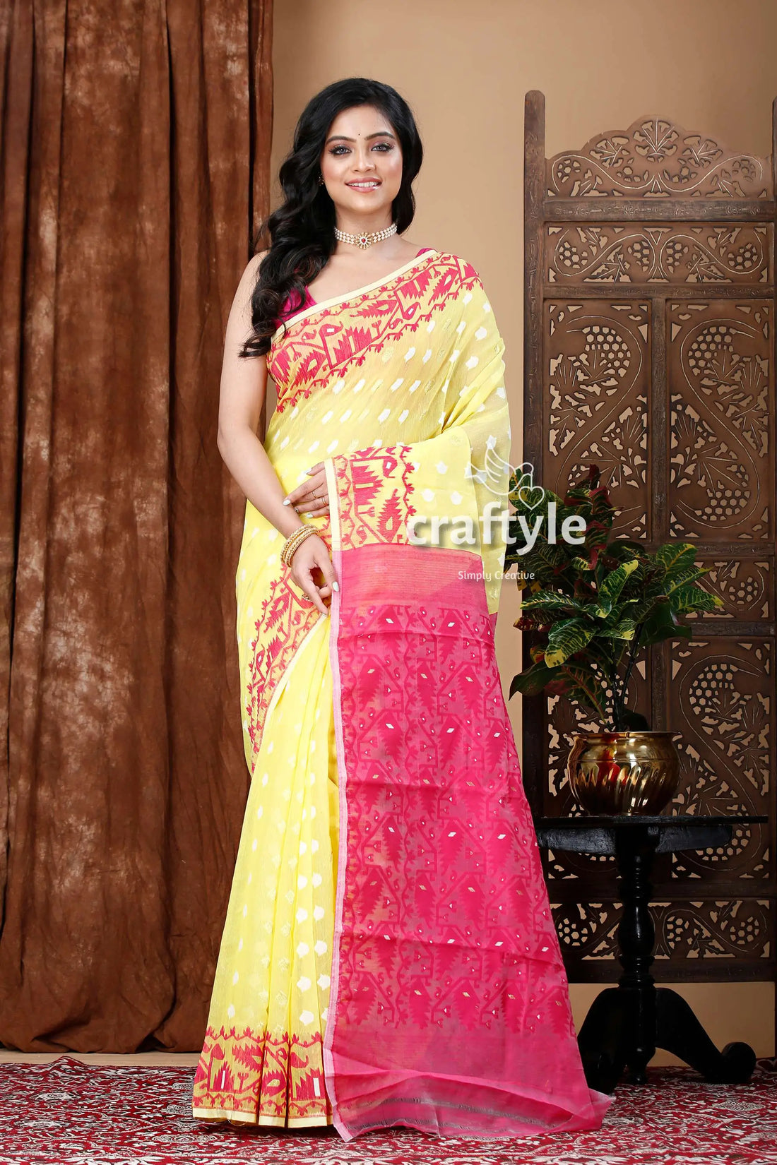 French wine yellow jamdani saree - timeless elegance for any occasion woman yellow pink saree 1