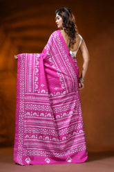 Fuchsia pink silk kantha saree with handcrafted ethnic floral design 5