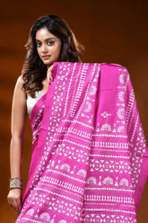 Fuchsia pink silk kantha saree with handcrafted ethnic floral design 2