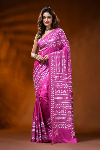Fuchsia pink silk kantha saree with handcrafted ethnic floral design 6