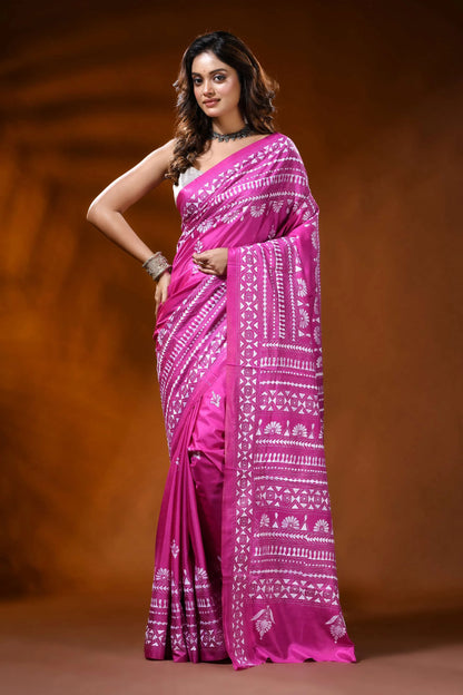 Fuchsia pink silk kantha saree with handcrafted ethnic floral design 1