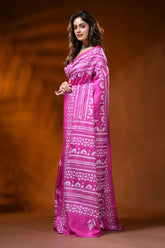 Fuchsia pink silk kantha saree with handcrafted ethnic floral design 3