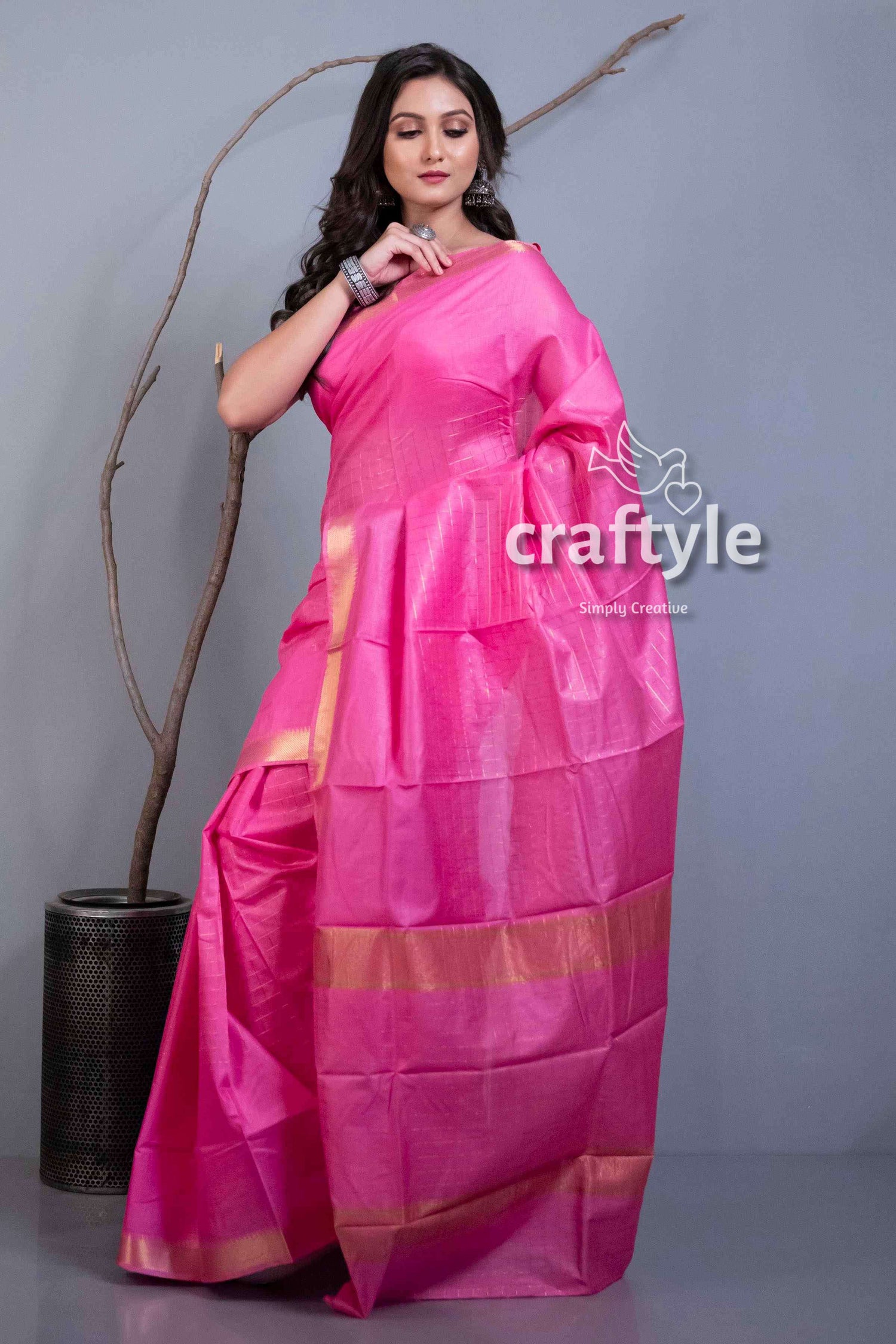 Fuchsia Pink Traditional Mangalgiri Silk Sari for Women - Craftyle