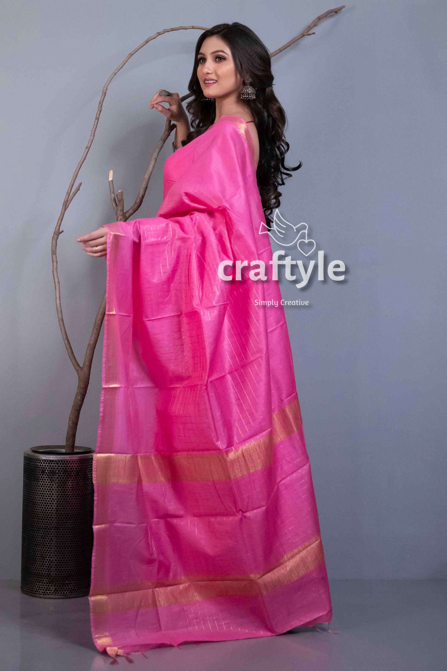 Fuchsia Pink Traditional Mangalgiri Silk Sari for Women - Craftyle