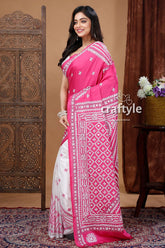 Fuchsia Pink White Silk Kantha Saree with Gujrati Stitch - Santiniketan-Craftyle