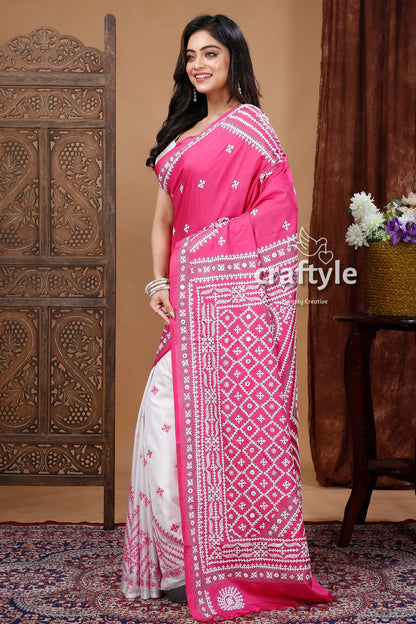 Fuchsia Pink White Silk Kantha Saree with Gujrati Stitch - Santiniketan-Craftyle