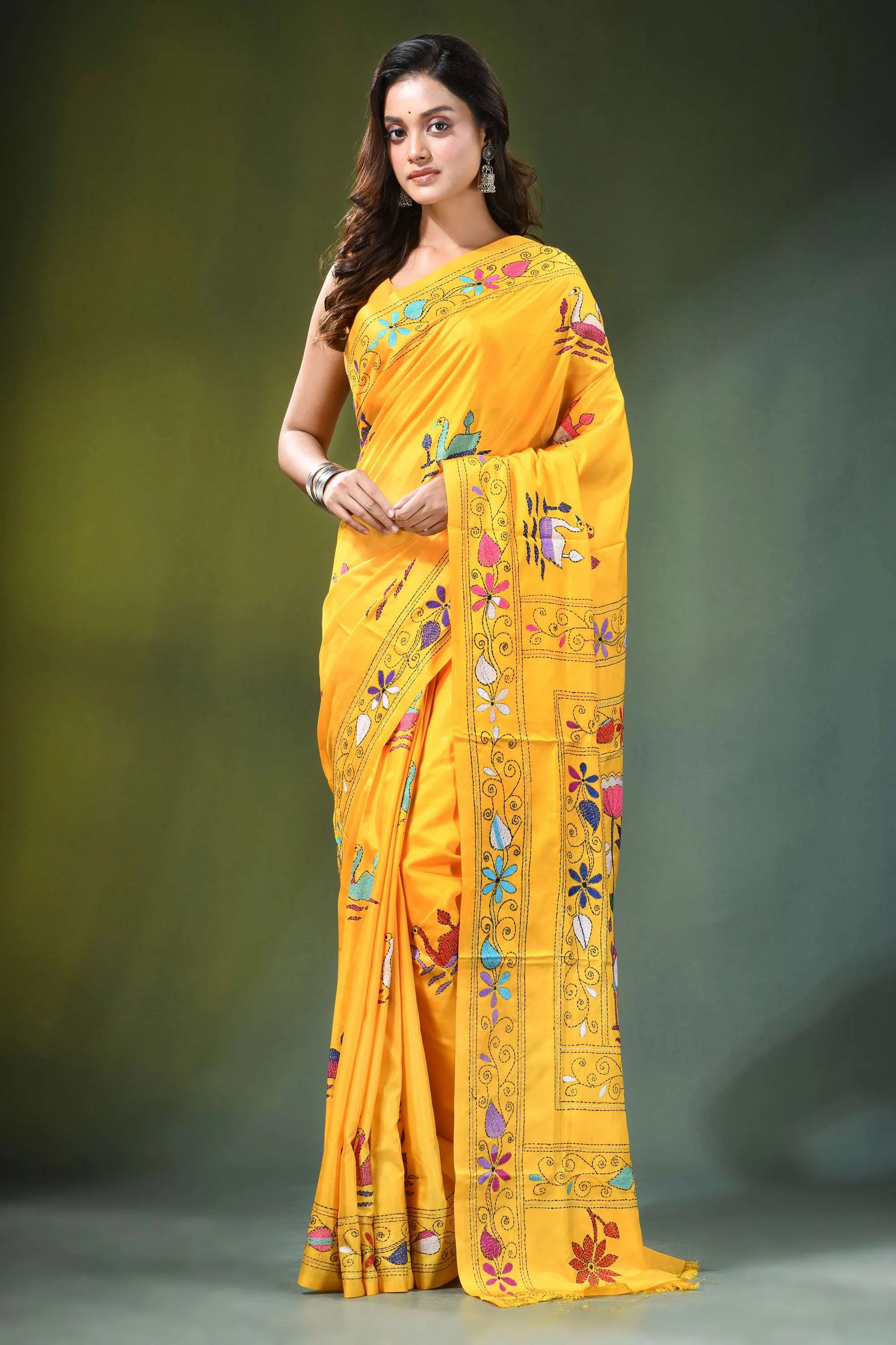 Fuel yellow hand embroidered swan motif kantha embroidery silk saree vibrant adorned 1