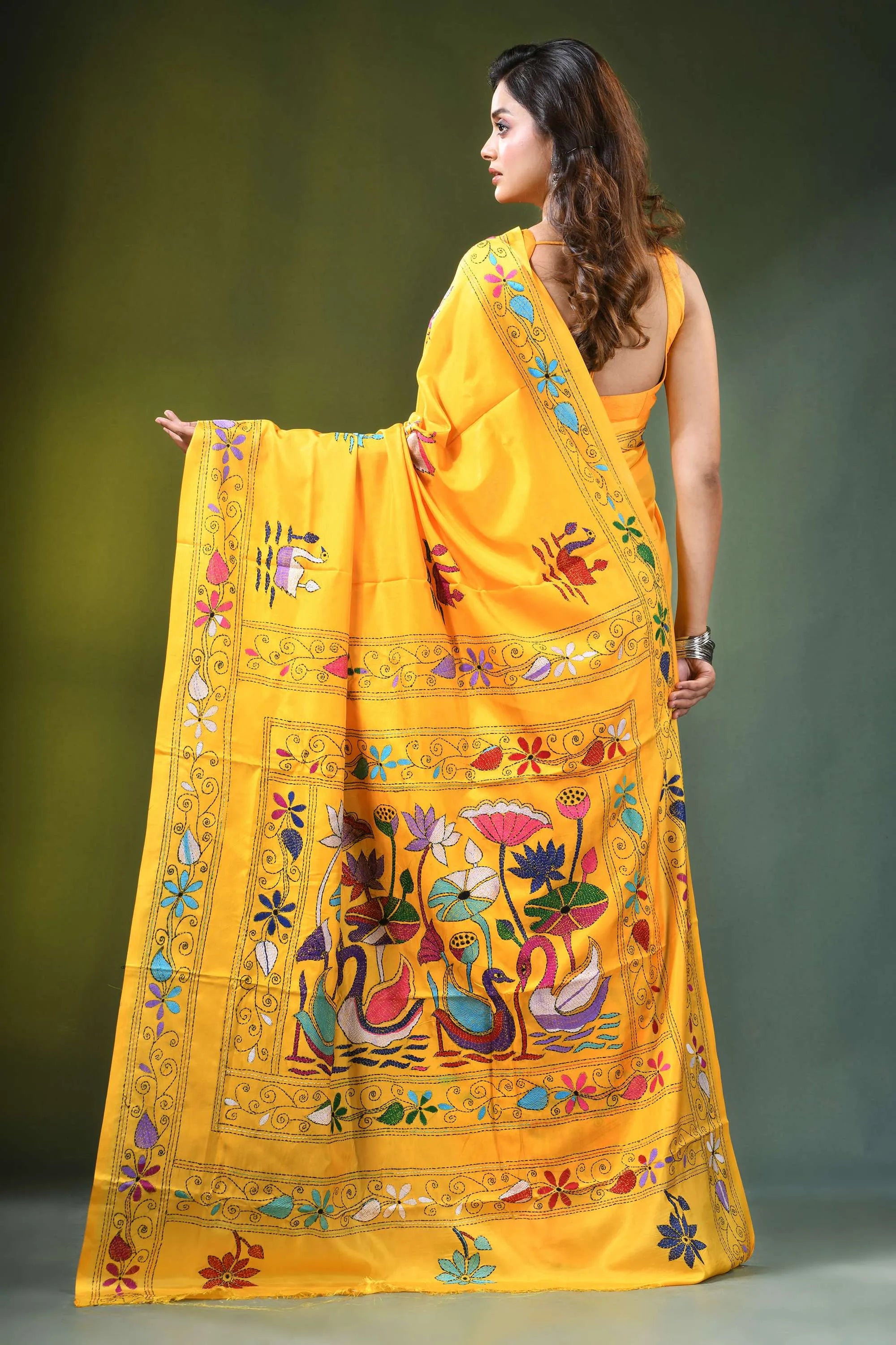 Fuel yellow hand embroidered swan motif kantha embroidery silk saree vibrant intricate multicolored 5
