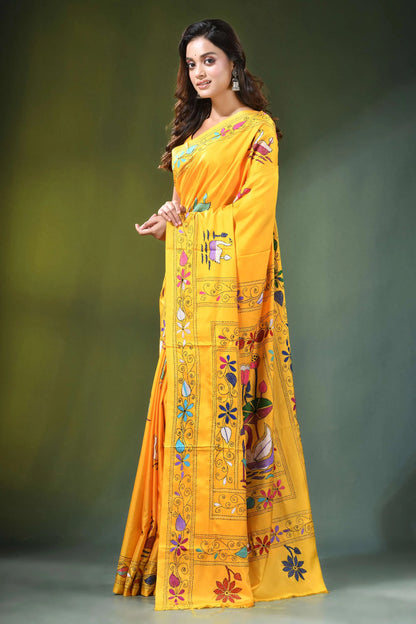 Fuel yellow hand embroidered swan motif kantha embroidery silk saree vibrant adorned intricate 3