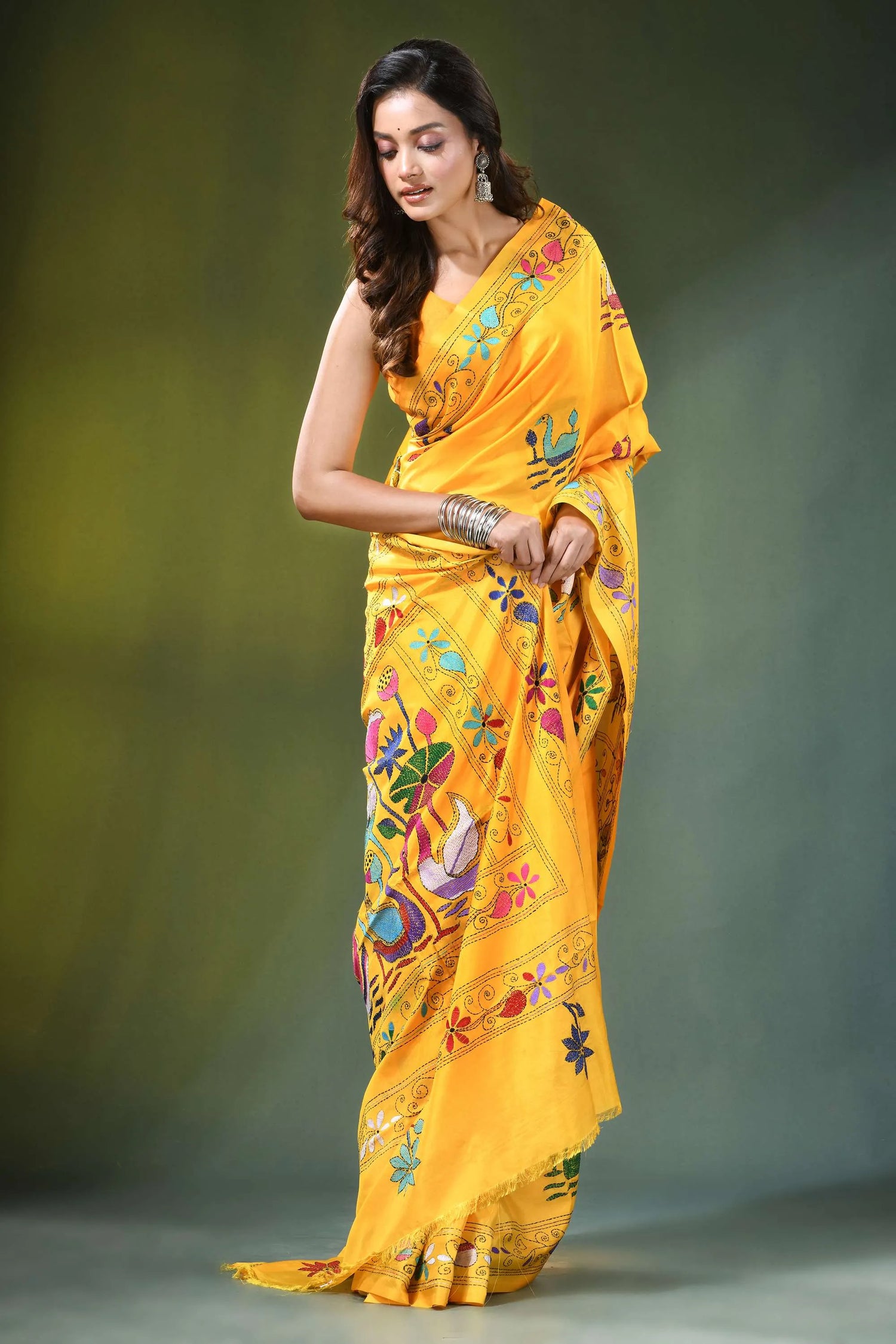 Fuel yellow hand embroidered swan motif kantha embroidery silk saree vibrant adorned colorful 4