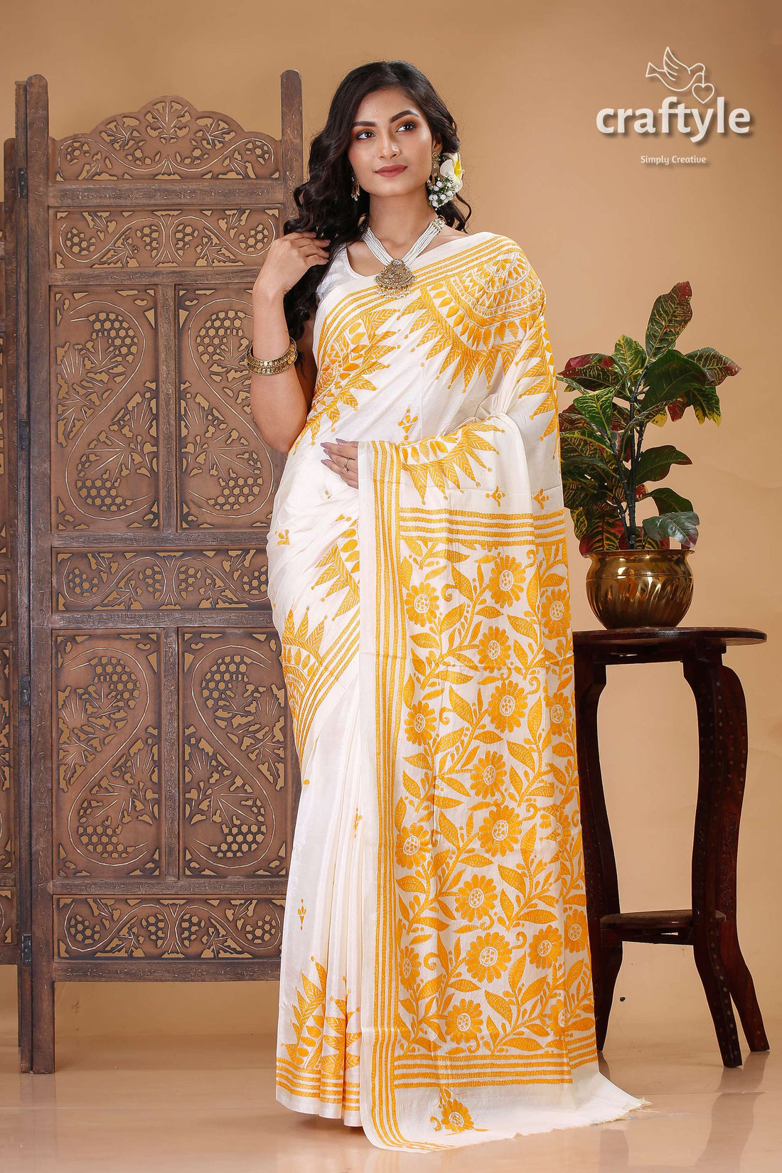 Fuel Yellow-White Floral Motif Silk Kantha Saree - Craftyle