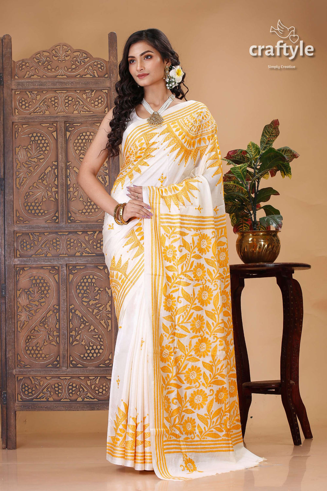 Fuel Yellow-White Floral Motif Silk Kantha Saree - Craftyle