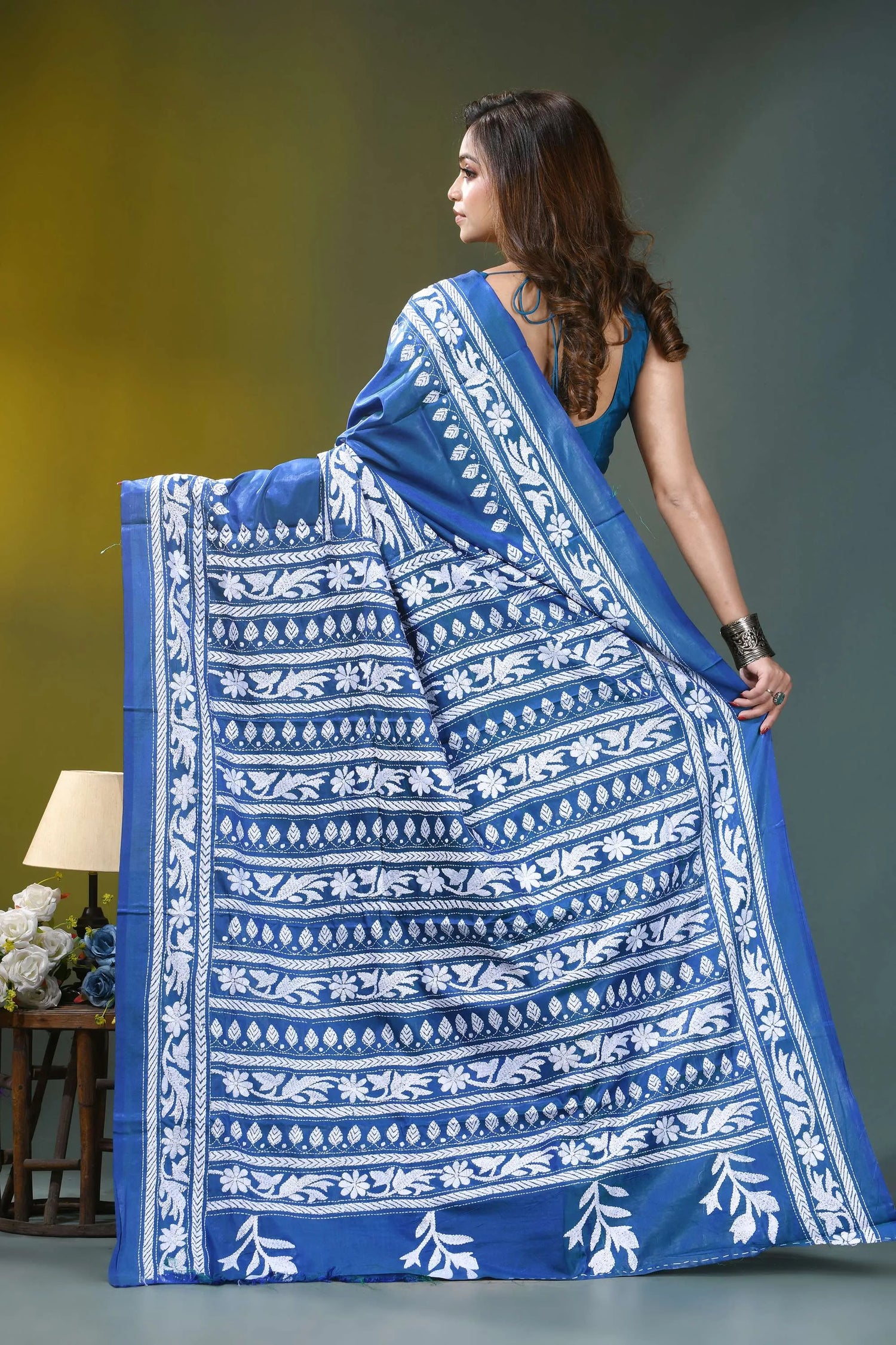 Fun blue handcrafted floral motif silk kantha stitch saree vibrant blue saree intricate white 5