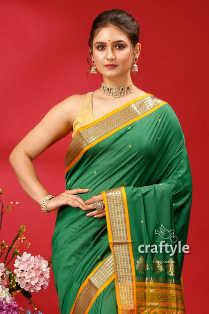 Fun green bomkai silk saree with zari border - beautiful and versatile green gold saree 2