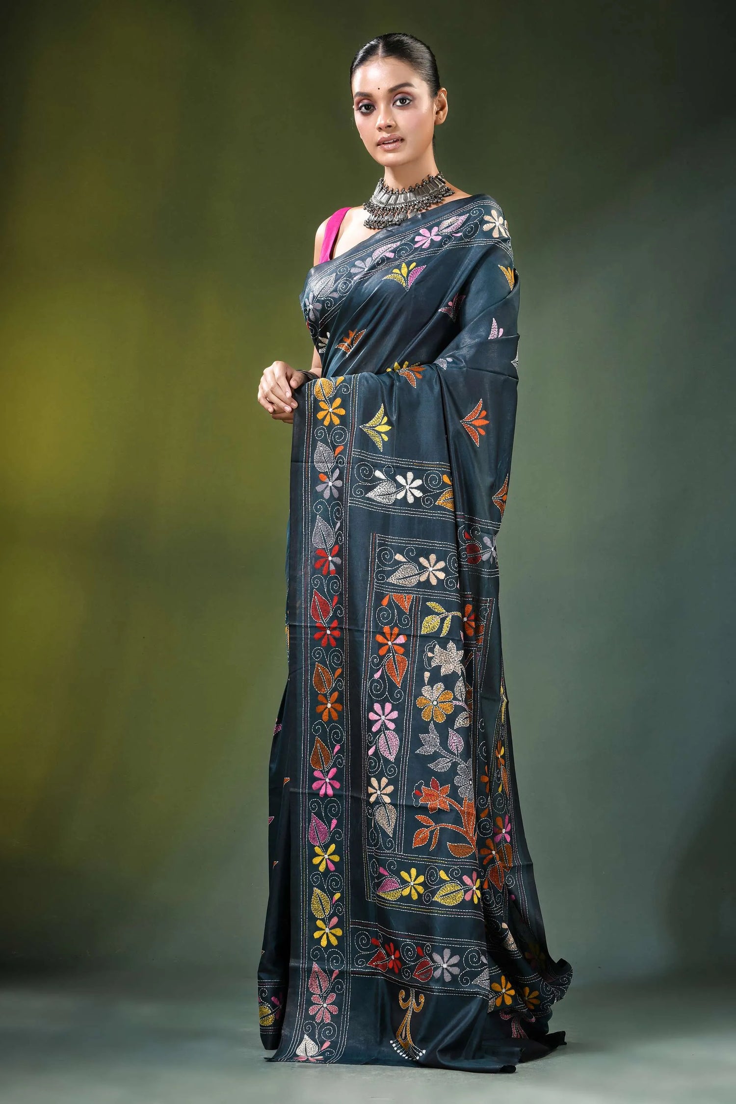 Gable green floral motif handcrafted silk kantha saree dark blue adorned 3