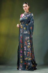 Gable green floral motif handcrafted silk kantha saree dark blue adorned 3