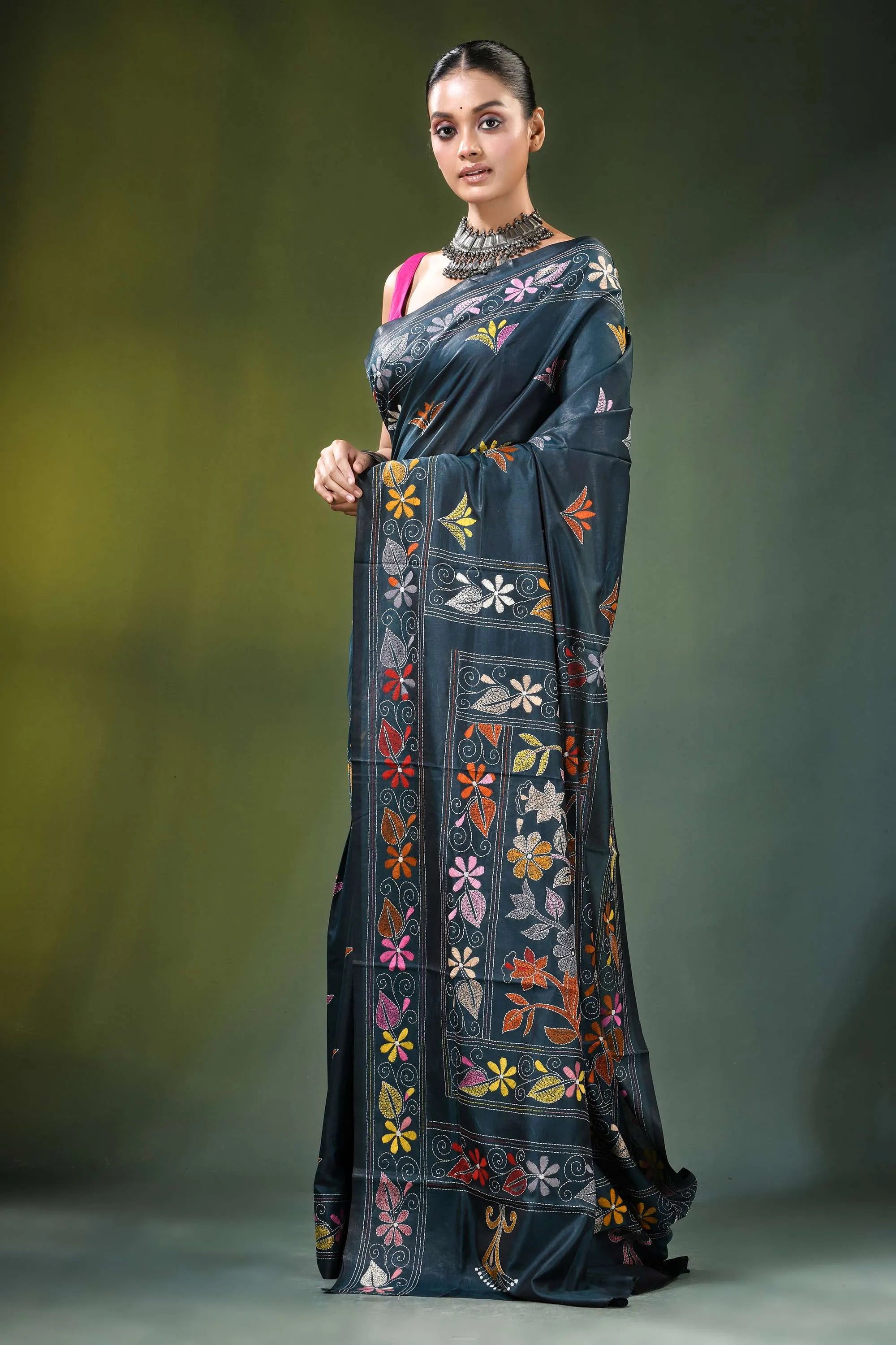Gable green floral motif handcrafted silk kantha saree dark blue adorned 3