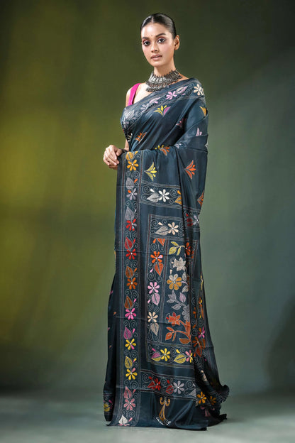 Gable green floral motif handcrafted silk kantha saree dark blue adorned 3