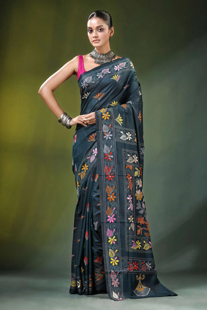 Gable green floral motif handcrafted silk kantha saree dark navy adorned 1