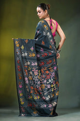 Gable green floral motif handcrafted silk kantha saree dark navy blue 4