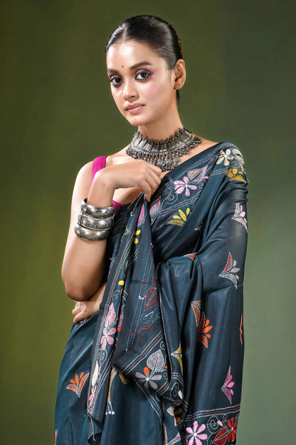 Gable green floral motif handcrafted silk kantha saree dark blue intricate 2