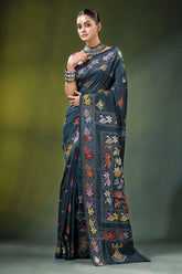 Gable green floral motif handcrafted silk kantha saree dark blue adorned 6